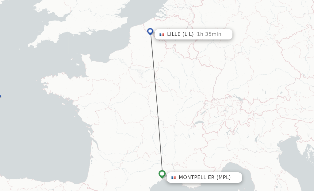 Flights from Montpellier to Lille route map