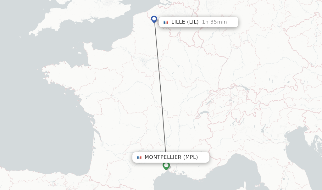 Flights from Montpellier to Lille route map