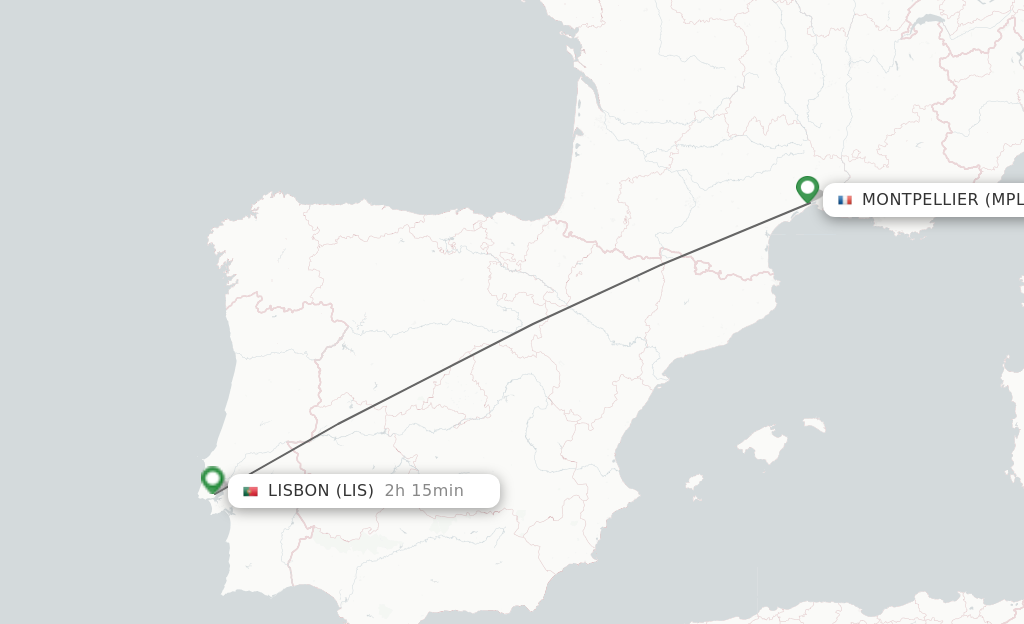 Flights from Montpellier to Lisbon route map