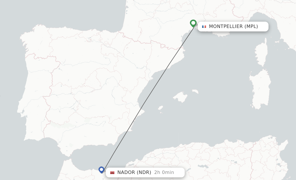 Flights from Montpellier to Nador route map