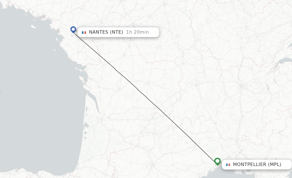 Flights from Montpellier to Nantes route map