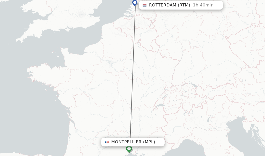 Flights from Montpellier to Rotterdam route map