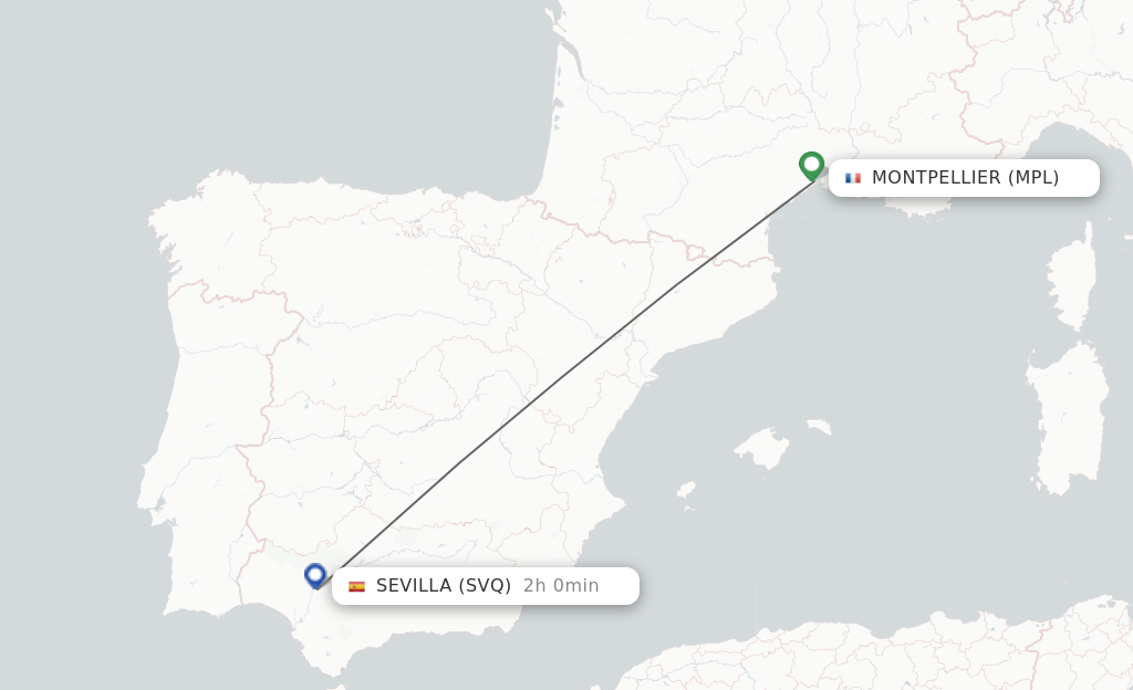 Flights from Montpellier to Sevilla route map