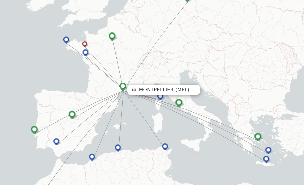 Route map with flights from Montpellier with Transavia France