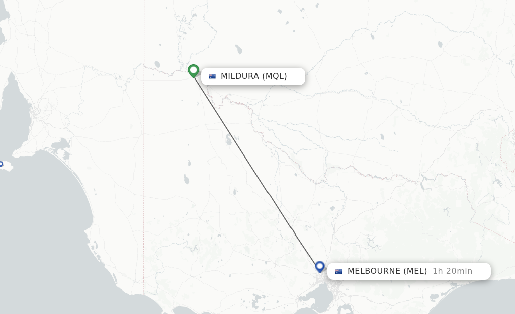 Flights from Mildura to Melbourne route map