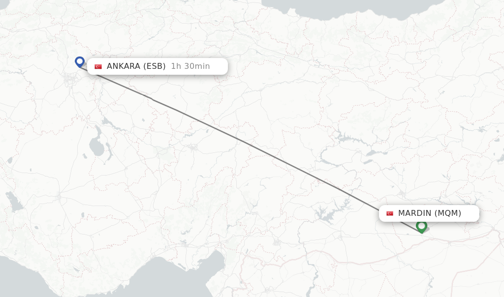 Flights from Mardin to Ankara route map