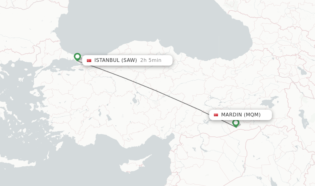 Flights from Mardin to Istanbul route map