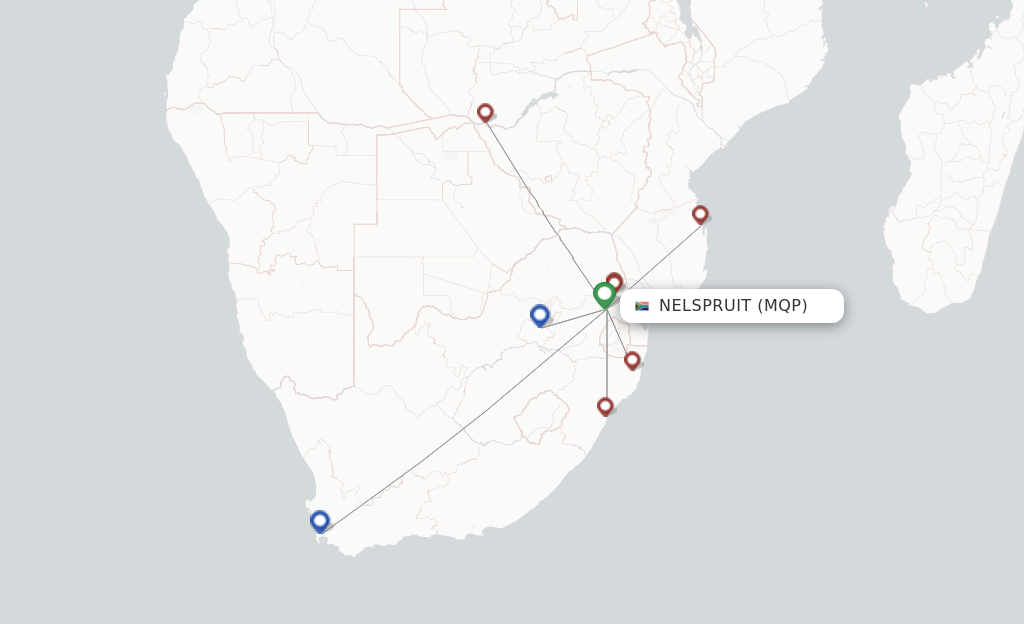 Route map with flights from Nelspruit with Airlink (South Africa)