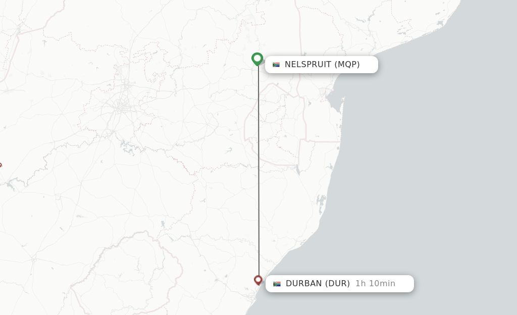 Flights from Durban to Nelspruit route map