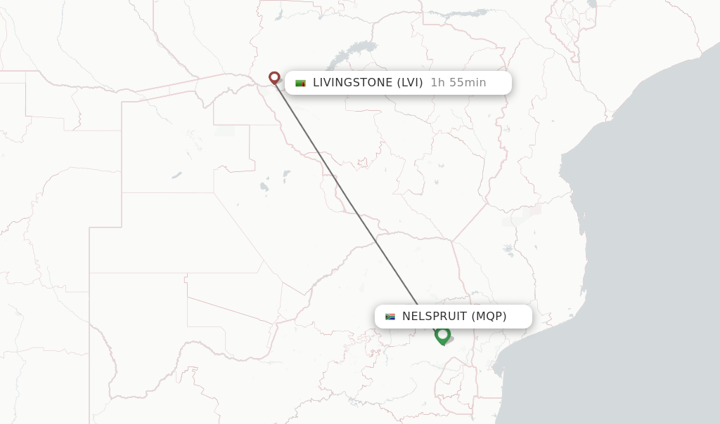 Flights from Nelspruit to Livingstone route map