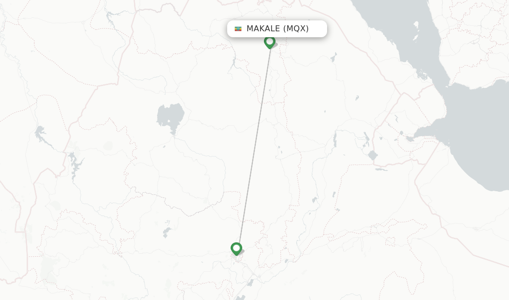 Route map with flights from Makale with Ethiopian