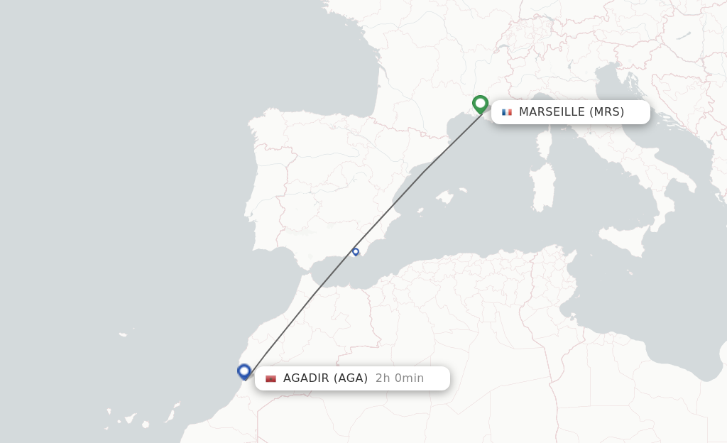 Flights from Marseille to Agadir route map