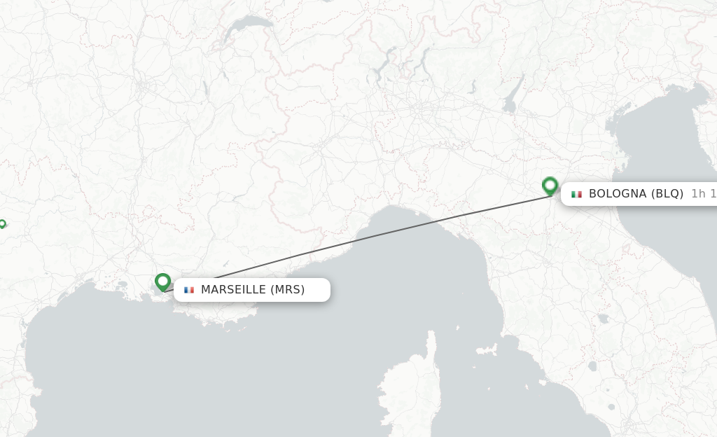 Flights from Marseille to Bologna route map