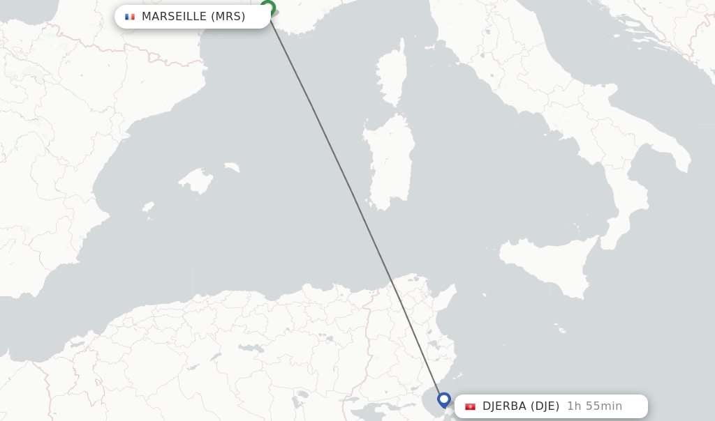 Flights from Marseille to Djerba route map