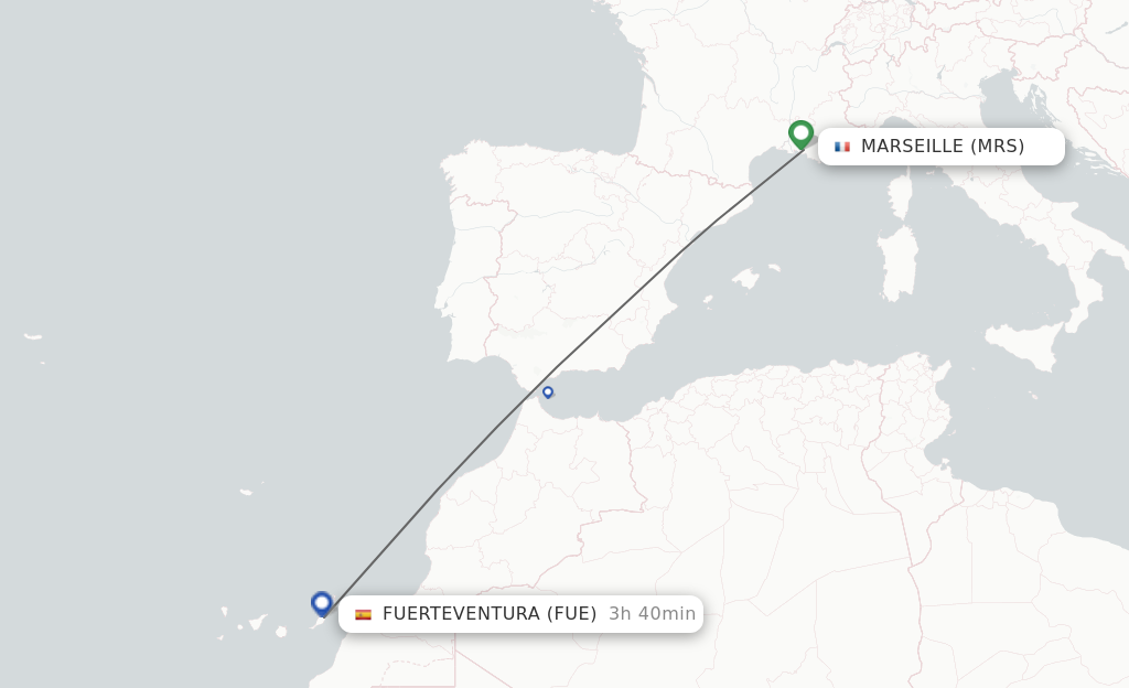 Flights from Marseille to Puerto del Rosario route map