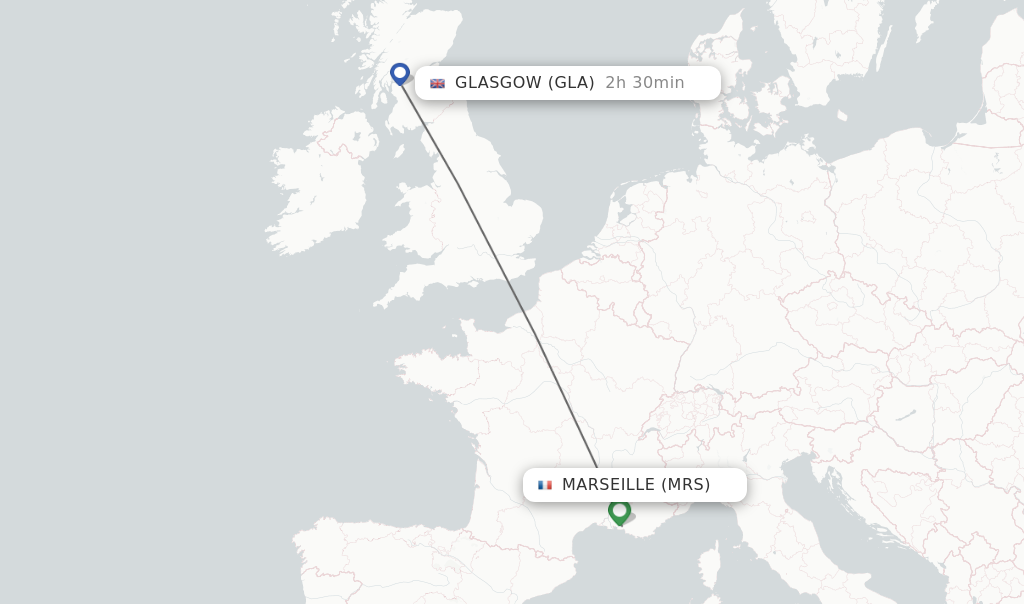 Flights from Marseille to Glasgow route map