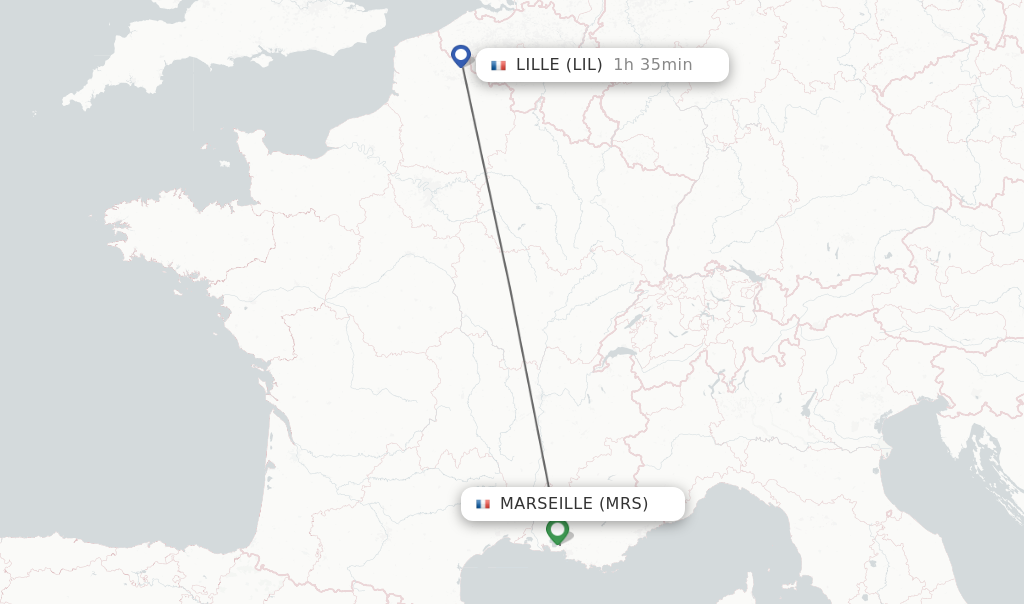 Flights from Marseille to Lille route map