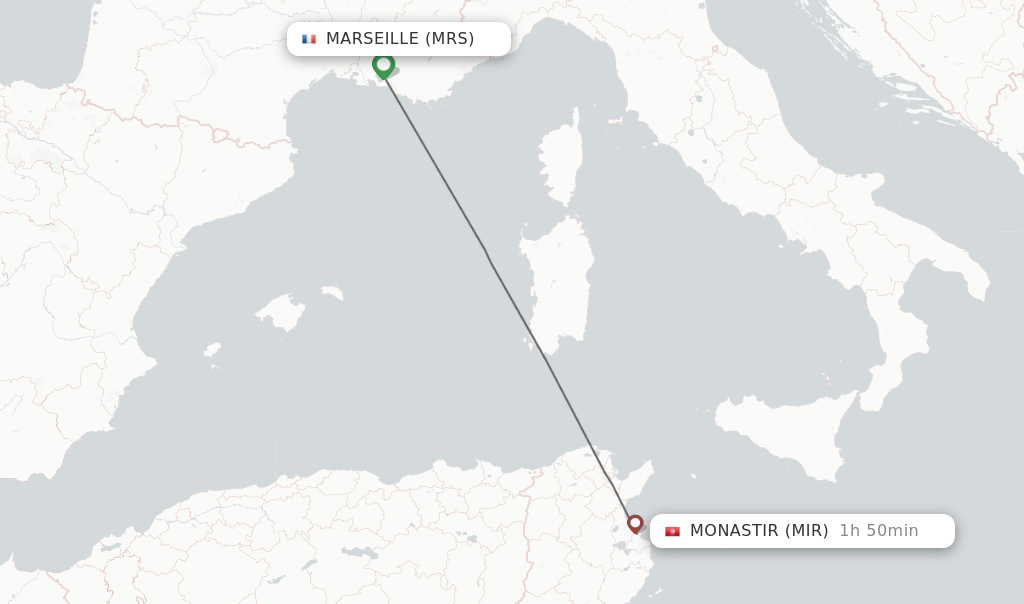 Flights from Marseille to Monastir route map