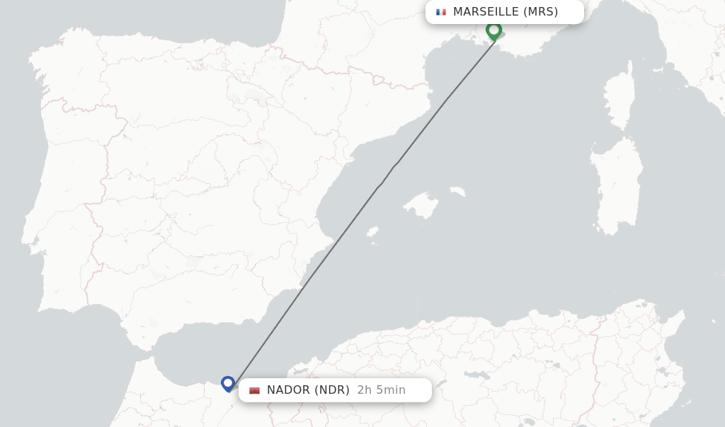 Flights from Marseille to Nador route map