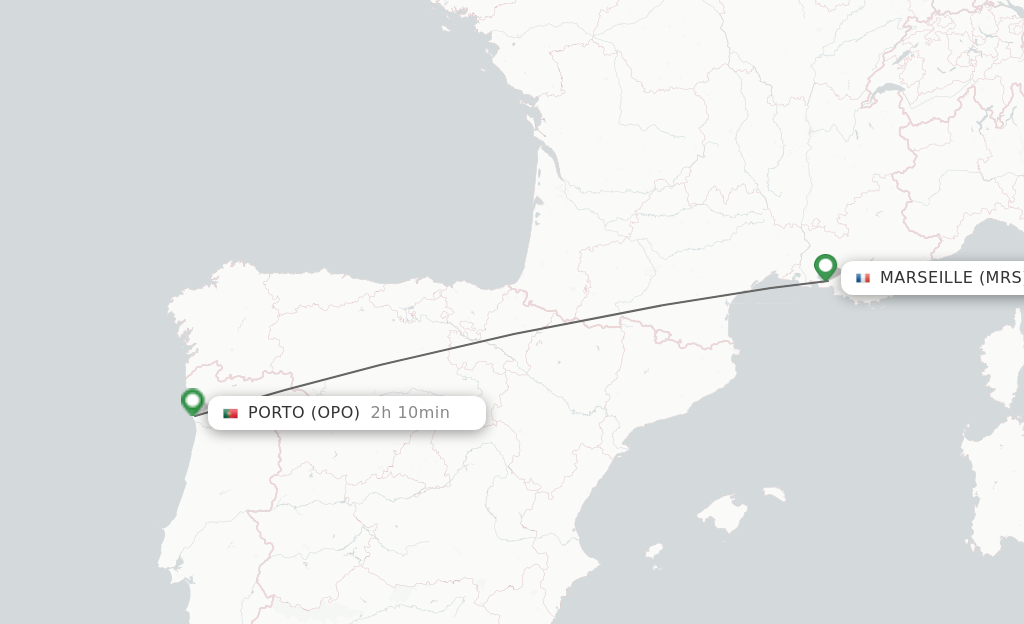 Flights from Marseille to Porto route map