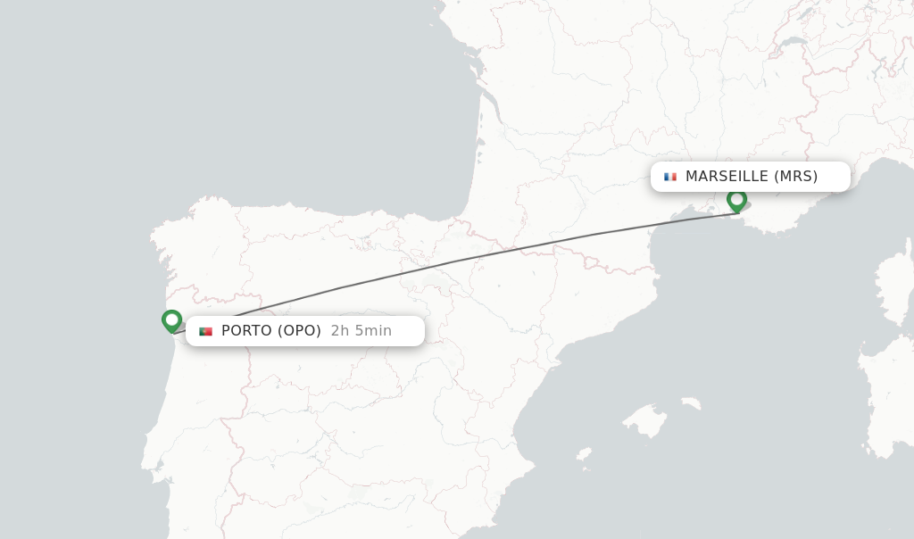 Flights from Marseille to Porto route map