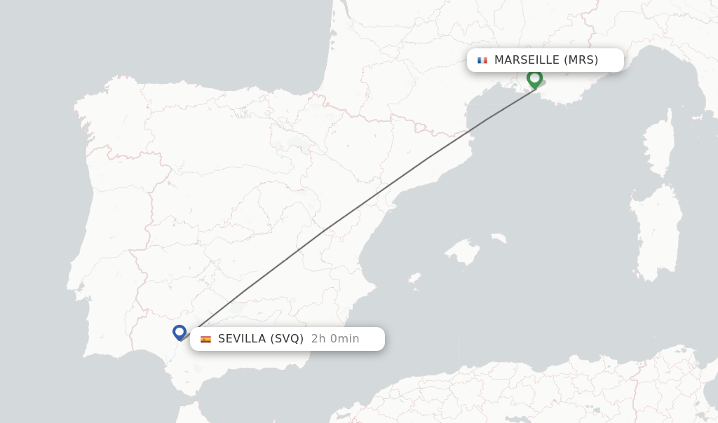 Flights from Marseille to Sevilla route map