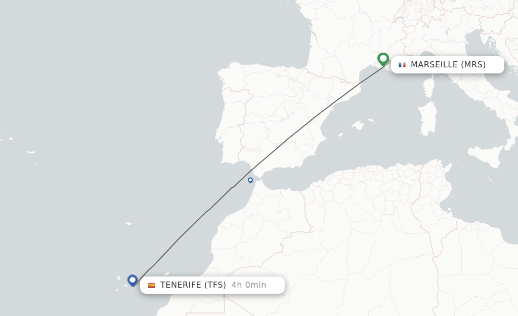 Flights from Marseille to Tenerife route map