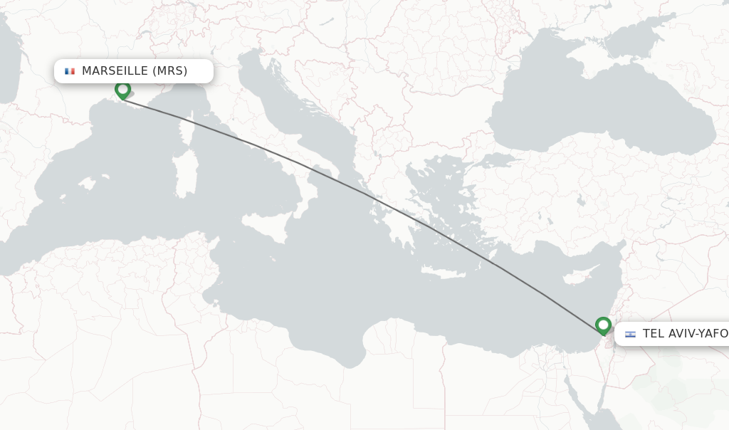 Flights from Marseille to Tel Aviv-Yafo route map