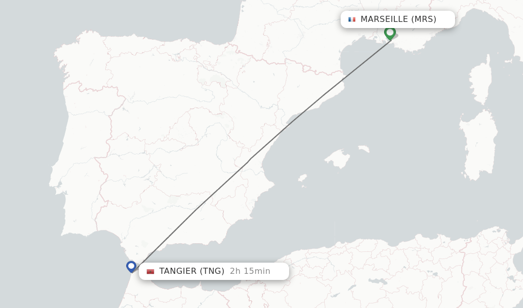 Flights from Marseille to Tangier route map