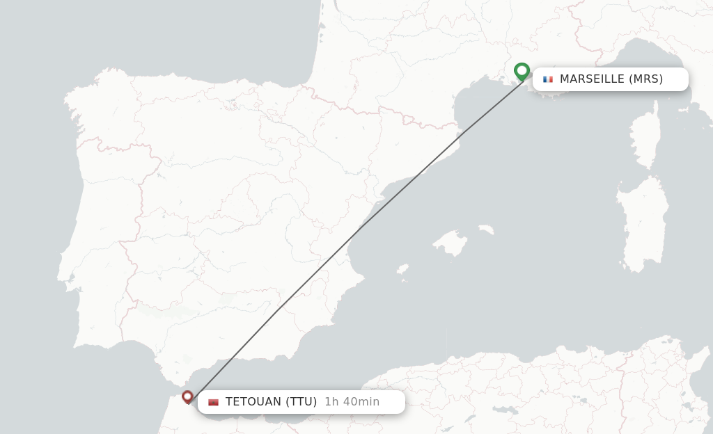 Flights from Marseille to Tetouan route map