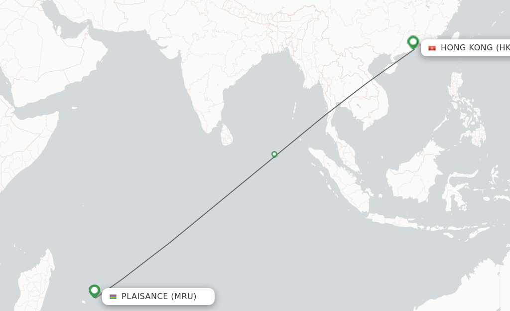 Flights from Mauritius to Hong Kong route map