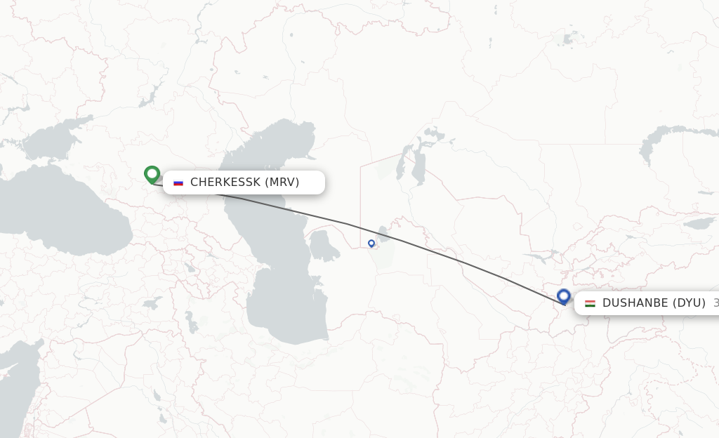 Flights from Mineralnye Vody to Dushanbe route map