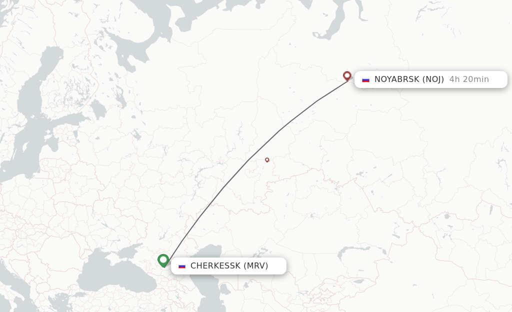 Flights from Mineralnye Vody to Nojabrxsk route map