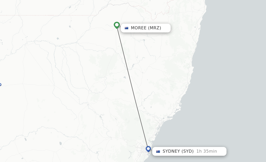 Flights from Moree to Sydney route map