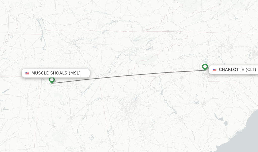 Flights from Muscle Shoals to Charlotte route map