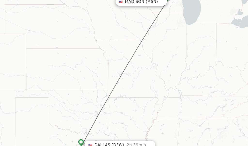 Flights from Madison to Dallas route map