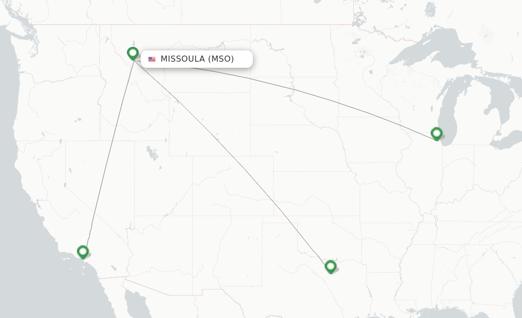 Route map with flights from Missoula with American Airlines