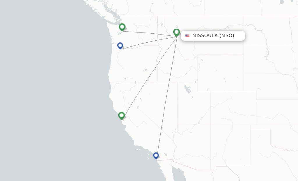 Route map with flights from Missoula with Alaska Airlines