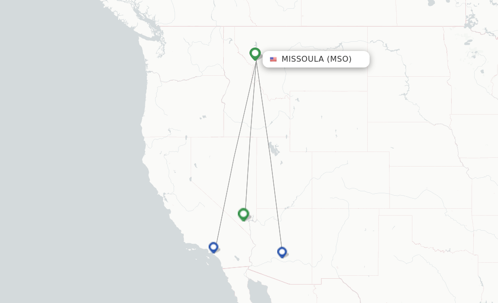 Route map with flights from Missoula with Allegiant Air