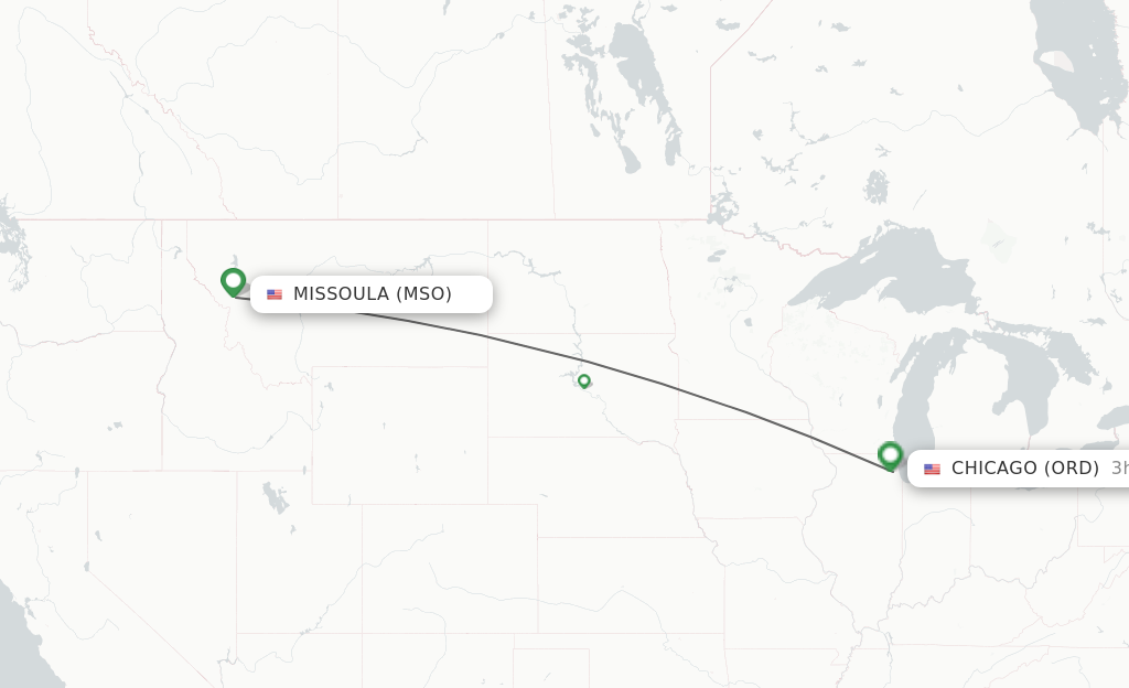 Flights from Missoula to Chicago route map