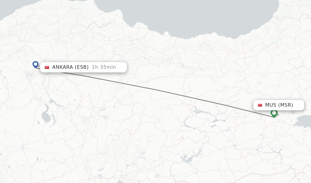 Flights from Mus to Ankara route map