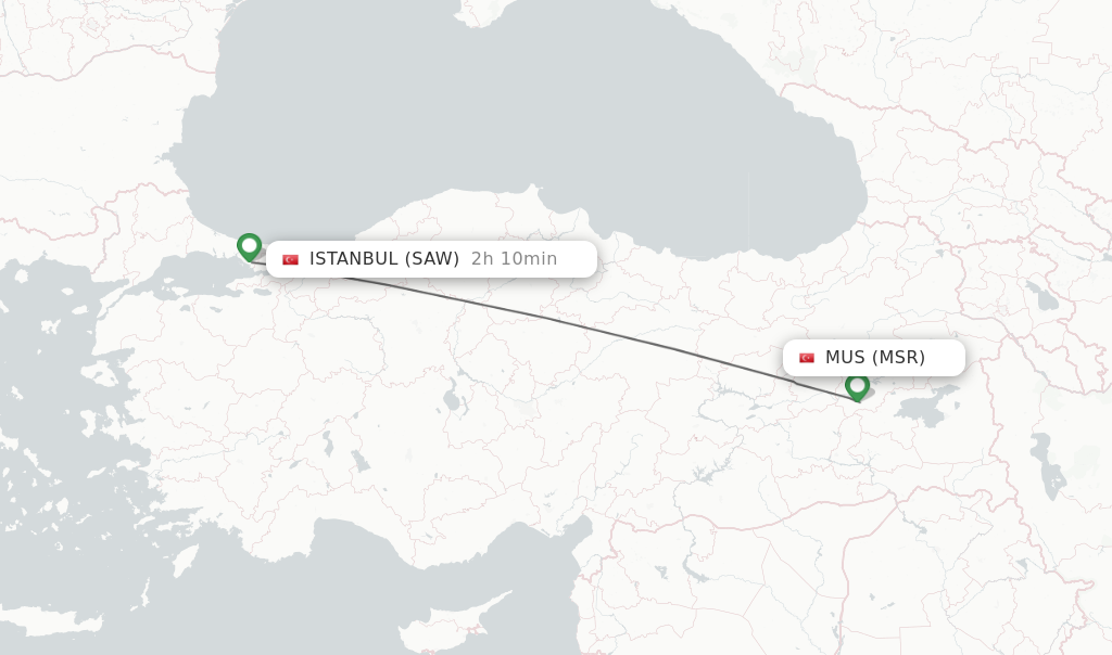 Flights from Mus to Istanbul route map
