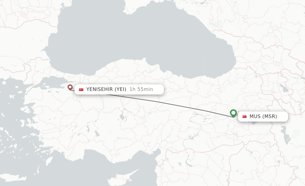 Flights from Mus to Bursa route map