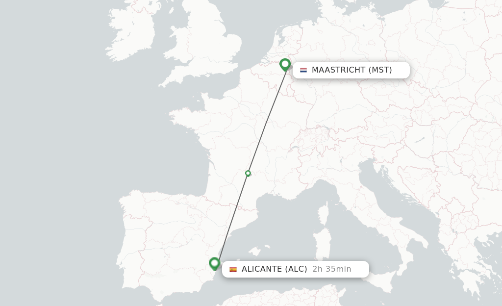 Flights from Maastricht to Alicante route map