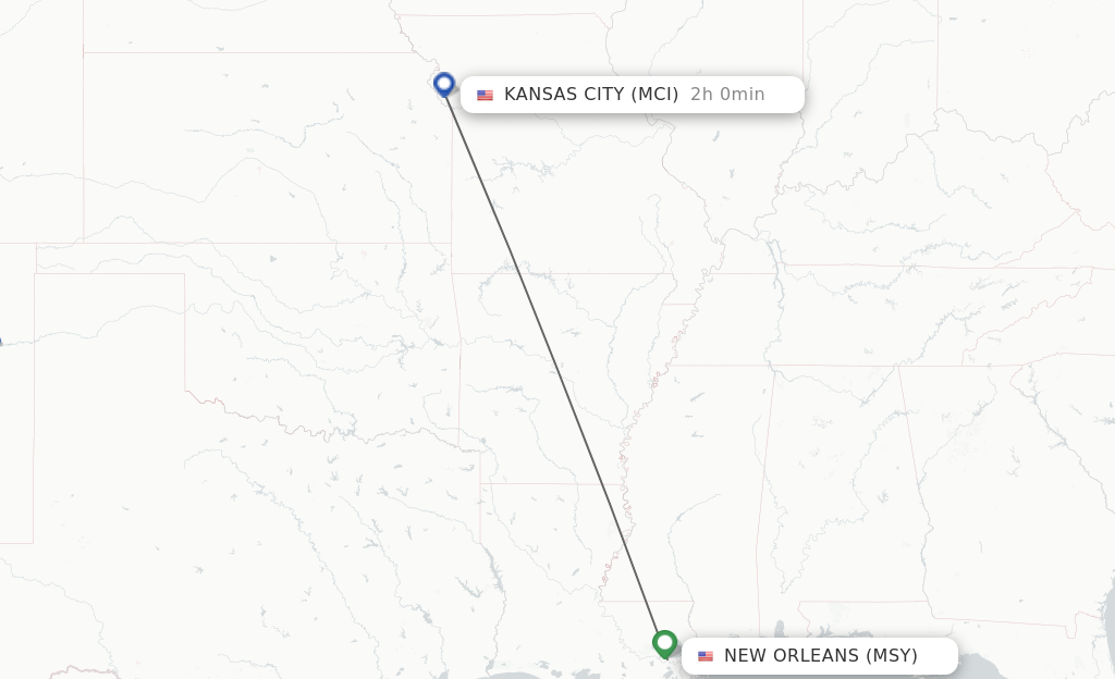 Flights from New Orleans to Kansas City route map