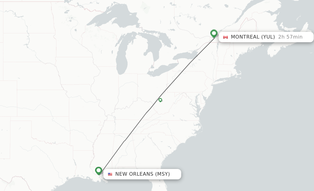Flights from New Orleans to Montreal route map