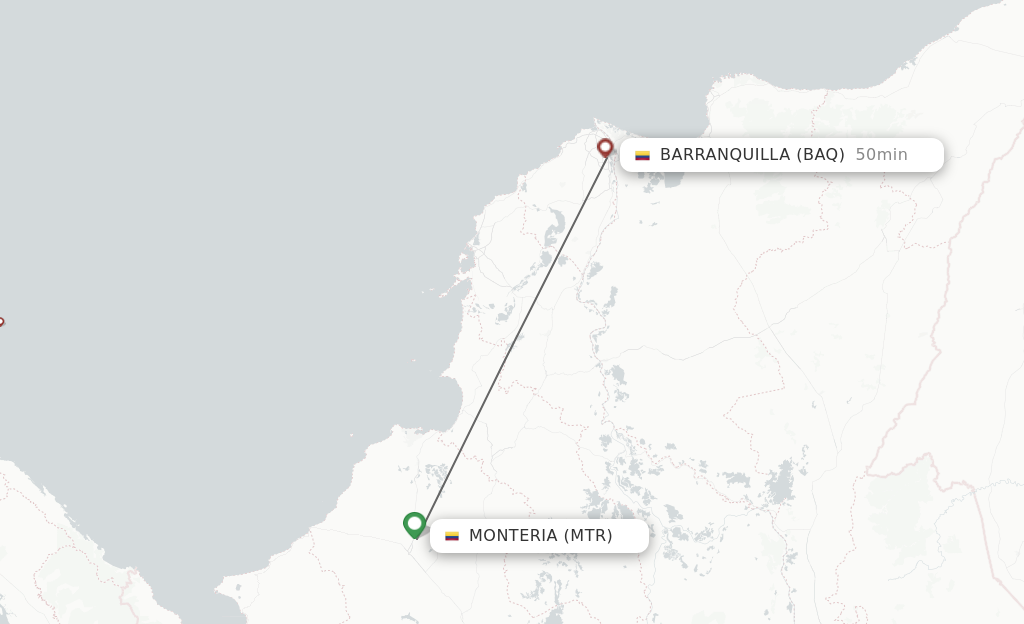 Flights from Monteria to Barranquilla route map