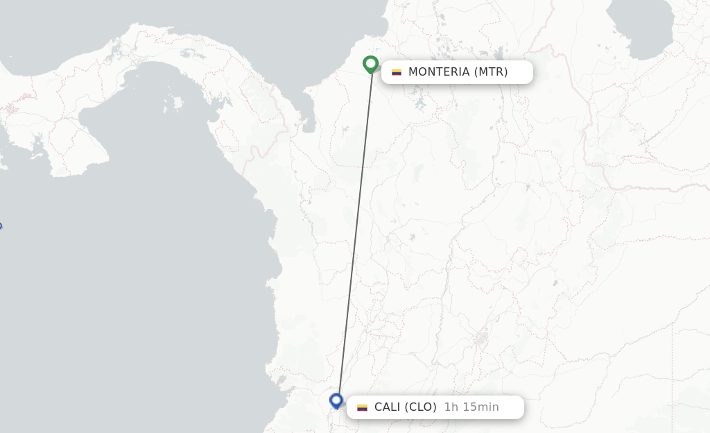 Flights from Monteria to Cali route map