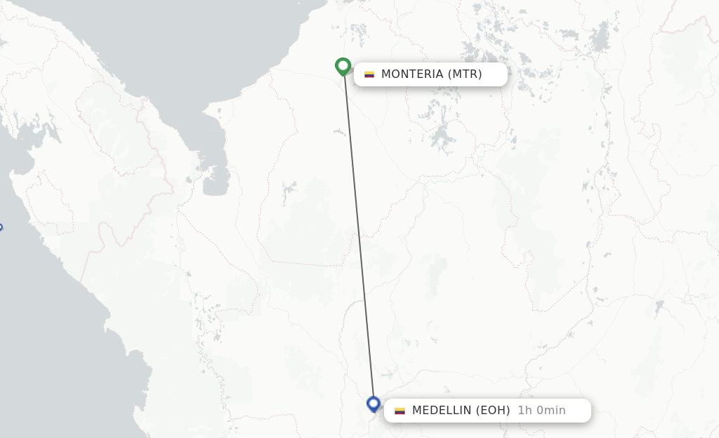 Flights from Monteria to Medellin route map
