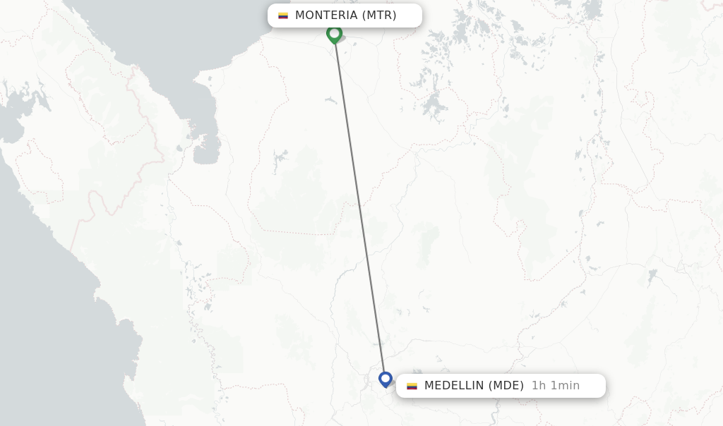 Flights from Monteria to Medellin route map
